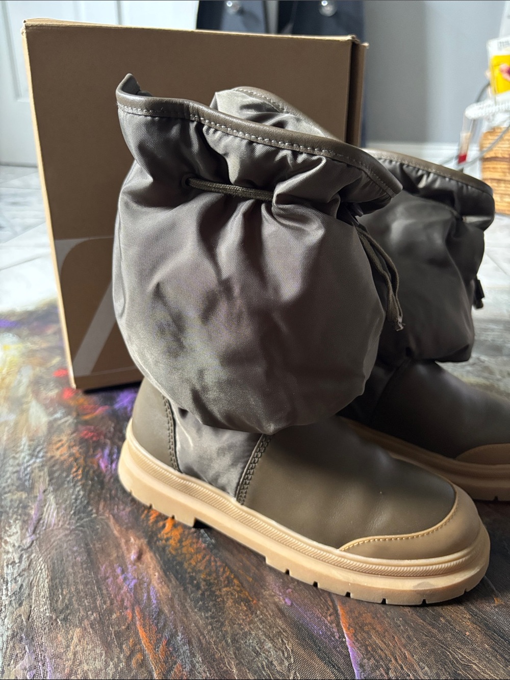 Zara SRPLS Kids Olive Green and Tan Puffer Boots